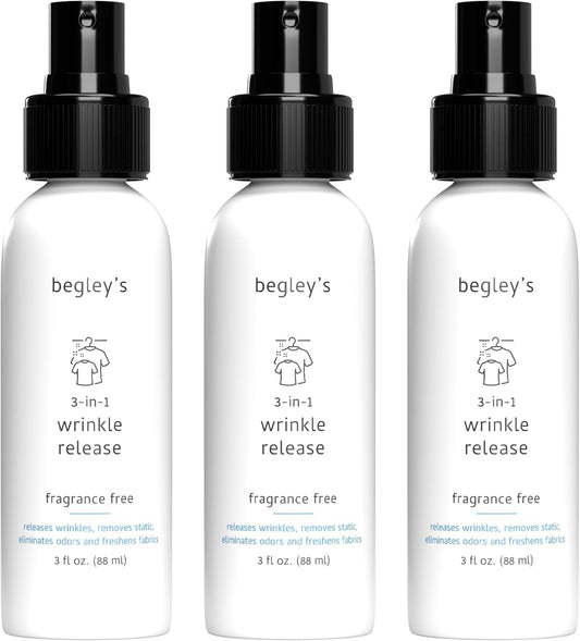 Begley's 3-in-1 Wrinkle Remover, Quick Fix Wrinkle Release, Static Cling Remover, Odor Eliminator and Fabric Refresher Spray - Plant-Derived, USDA Certified Biobased - Fragrance-Free, 3 oz Travel Size