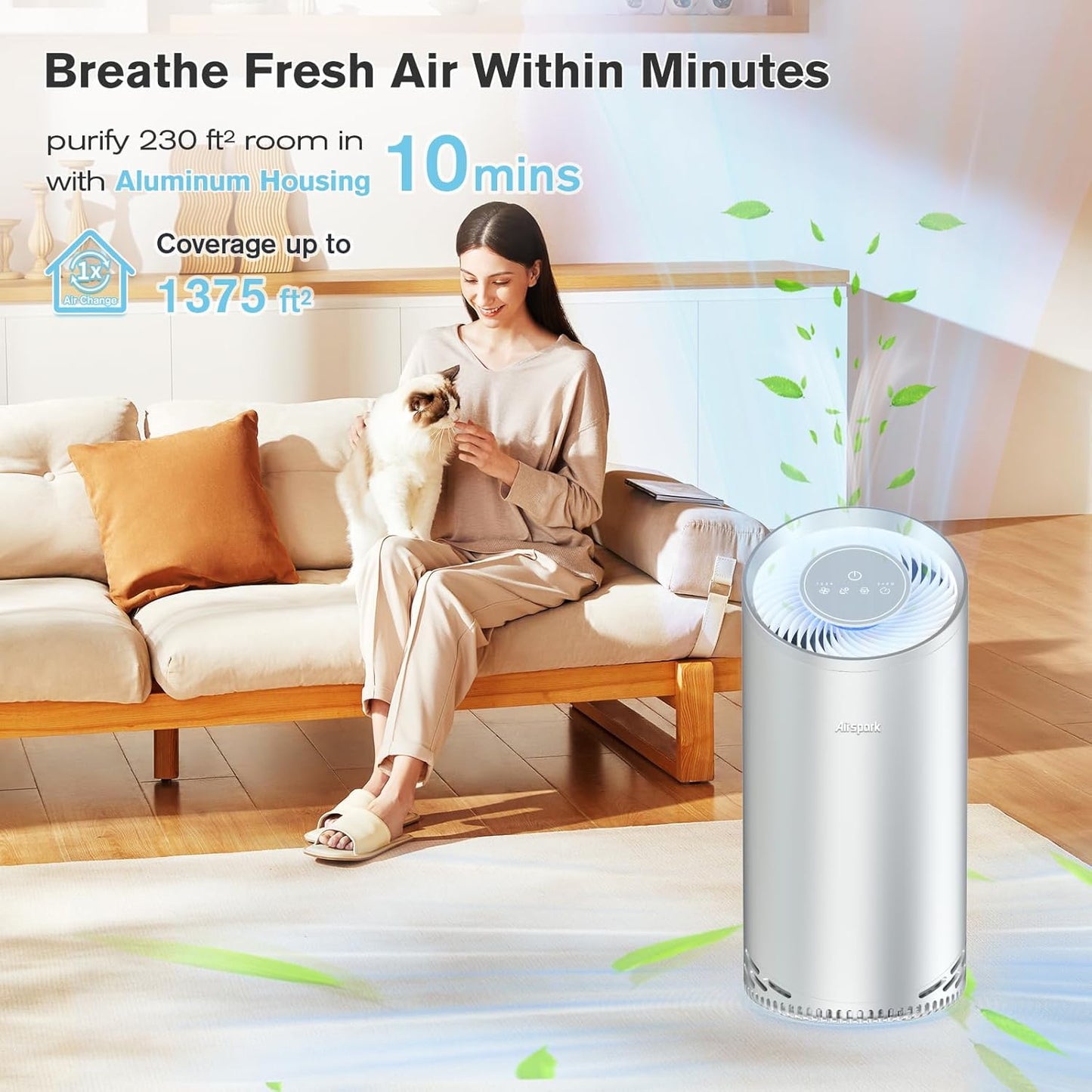Aluminum Housing Air Purifiers for Home Bedroom Cover 1375ft². Washable Pre-Filter HEPA Air Purifier for Pets Hair Dander Odors, Filter 99.99% Smoke Dust Dander Pollen, Night Light Sleep Mode