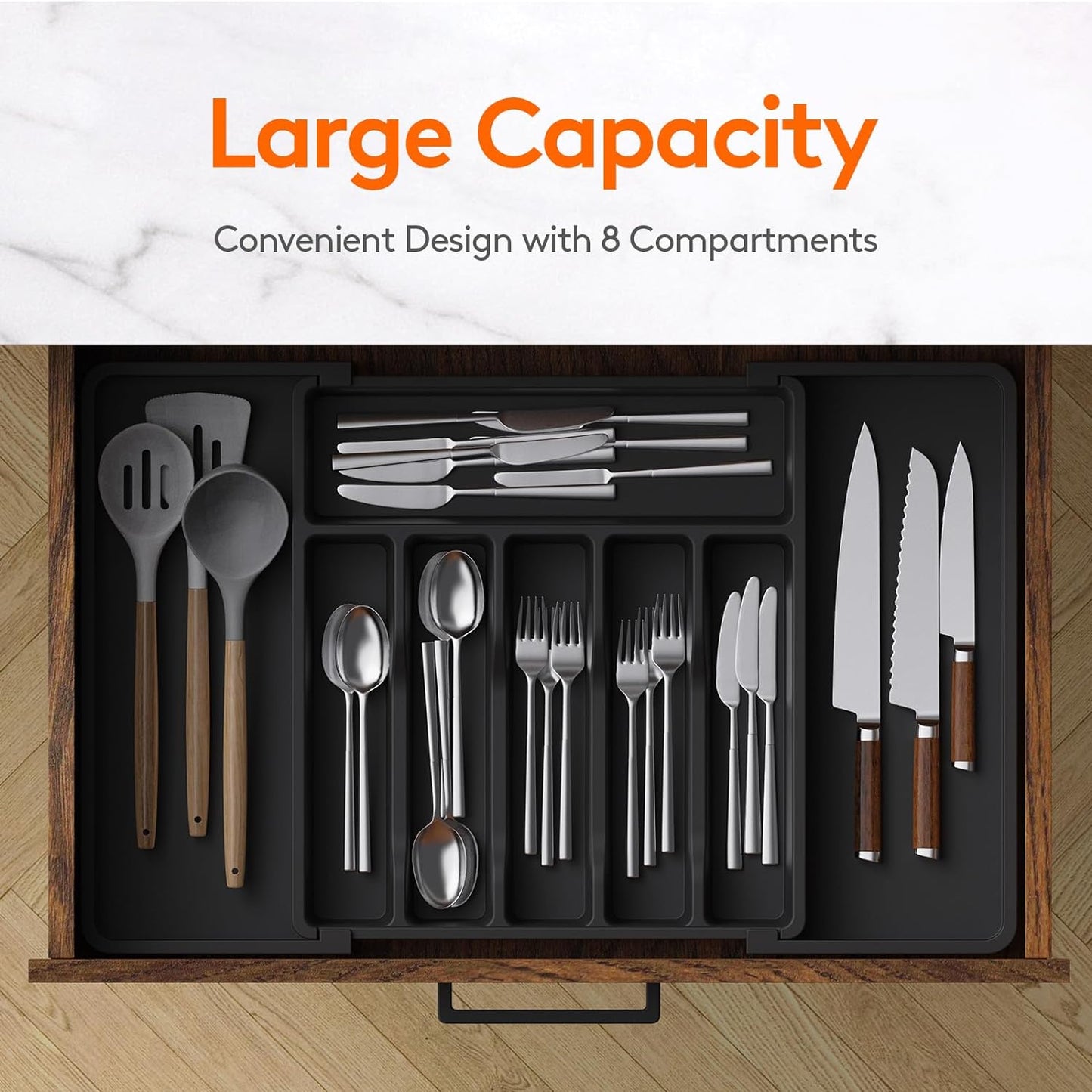 Lifewit Large Silverware Drawer Organizer, Expandable Utensil Tray for Kitchen, BPA Free Flatware and Cutlery Holder, Adjustable Plastic Storage for Spoons Forks Knives, Large, Black
