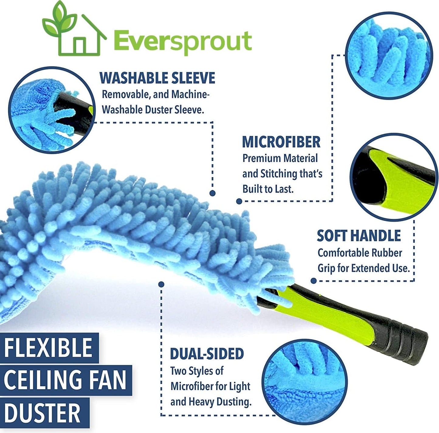 EVERSPROUT 20+ Foot High Reach Flexible Microfiber Ceiling & Fan Duster | Bendable to Clean Any Fan Blade | Removable & Washable Brush Head |5-to-12 Foot 3-Stage Lightweight Aluminum Extension Pole