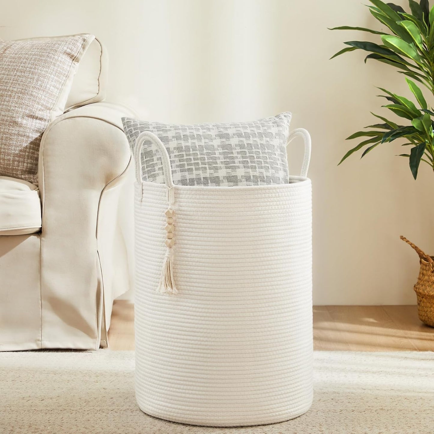 Fiona's magic Woven Rope Laundry Hamper, Tall Laundry Basket for Blanket Storage, Large Dirty Clothes Hamper for Toys, Decorative Baby Nursery Hamper for Bedroom, Living Room - White, 72L