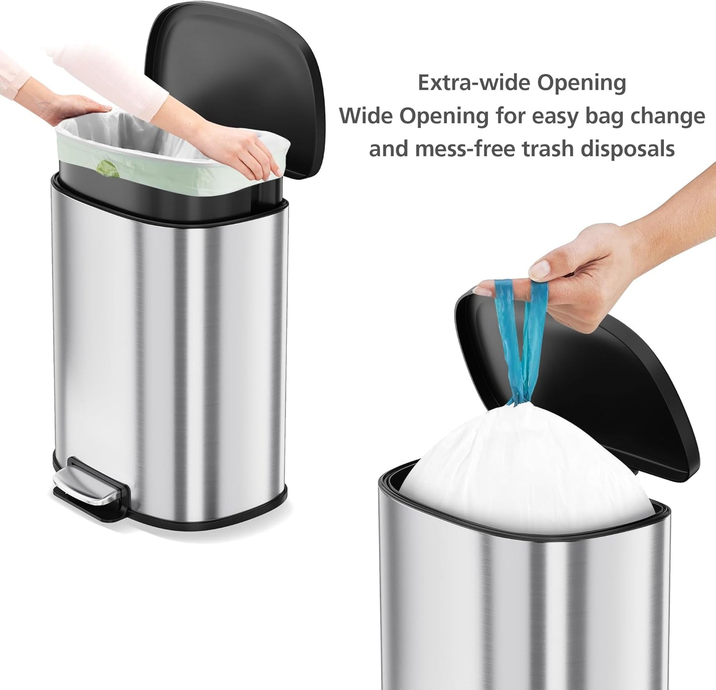 13.2 Gal/50L D-Shape Trash Can, Step-On Stainless Steel Garbage Can, Soft-Close Lid, Anti-Fingerprint Surface, Recycling Bin with Removable Inner Basket for Kitchen Dining Room