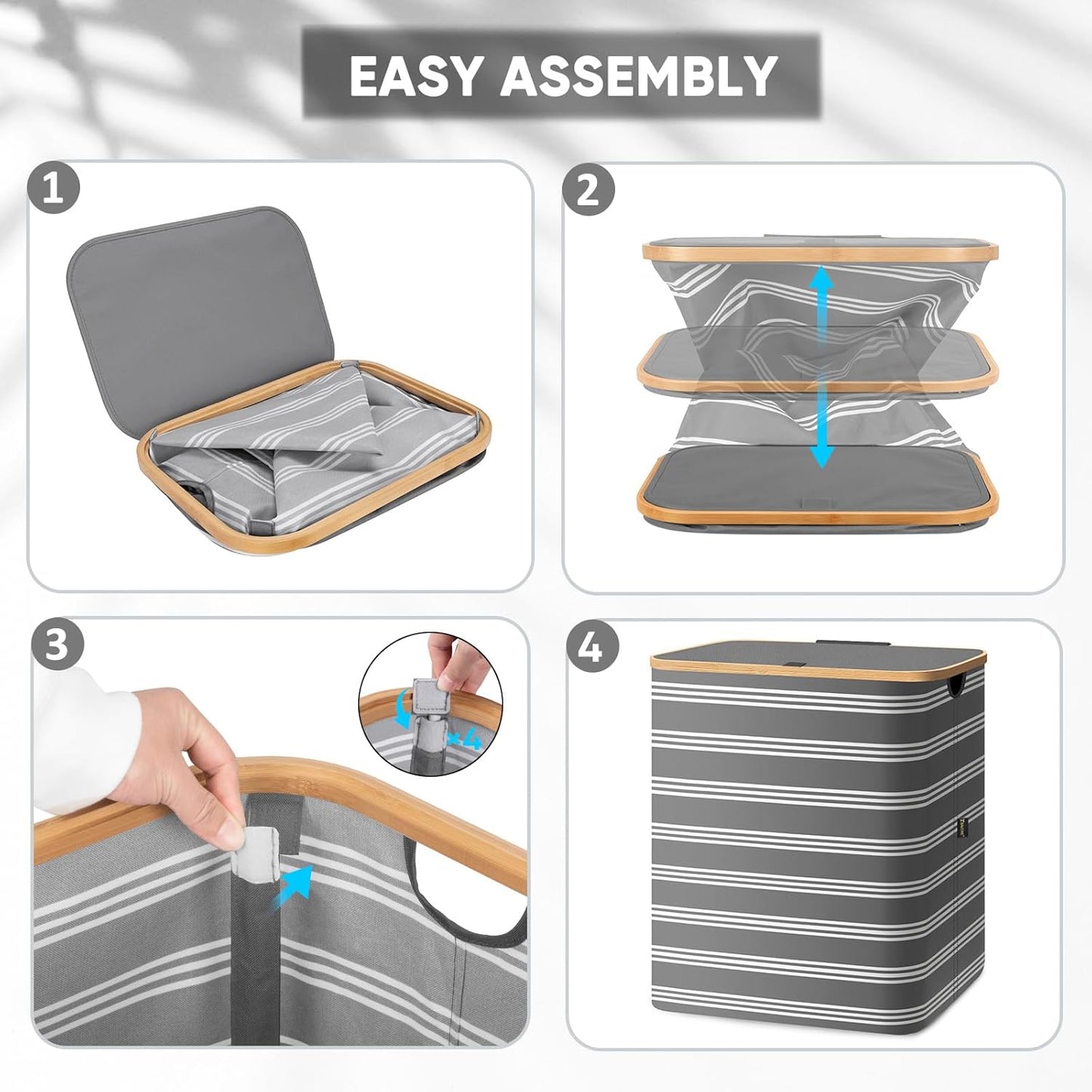 BALEINE Laundry Hamper with Lid, Tall Laundry Baskets with Bamboo Pull Handles, Large Laundry Bin with Internal Support (36 Gal/140L, Grey Pinstripe)