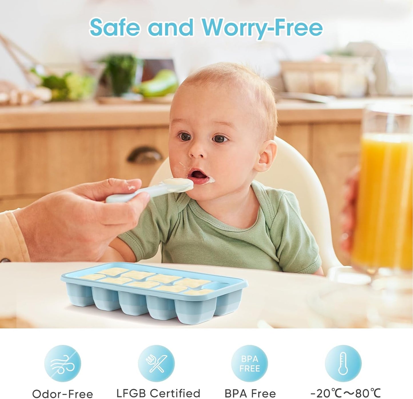 DOQAUS Ice Cube Tray with Lid and Bin, 4 Pack Silicone Plastic Ice Cubes Trays for Freezer with Box/Container, Stackable with Storage Iced Bucket Kits, Scoop, for RV, Soup, Food, Cocktail, Coffee