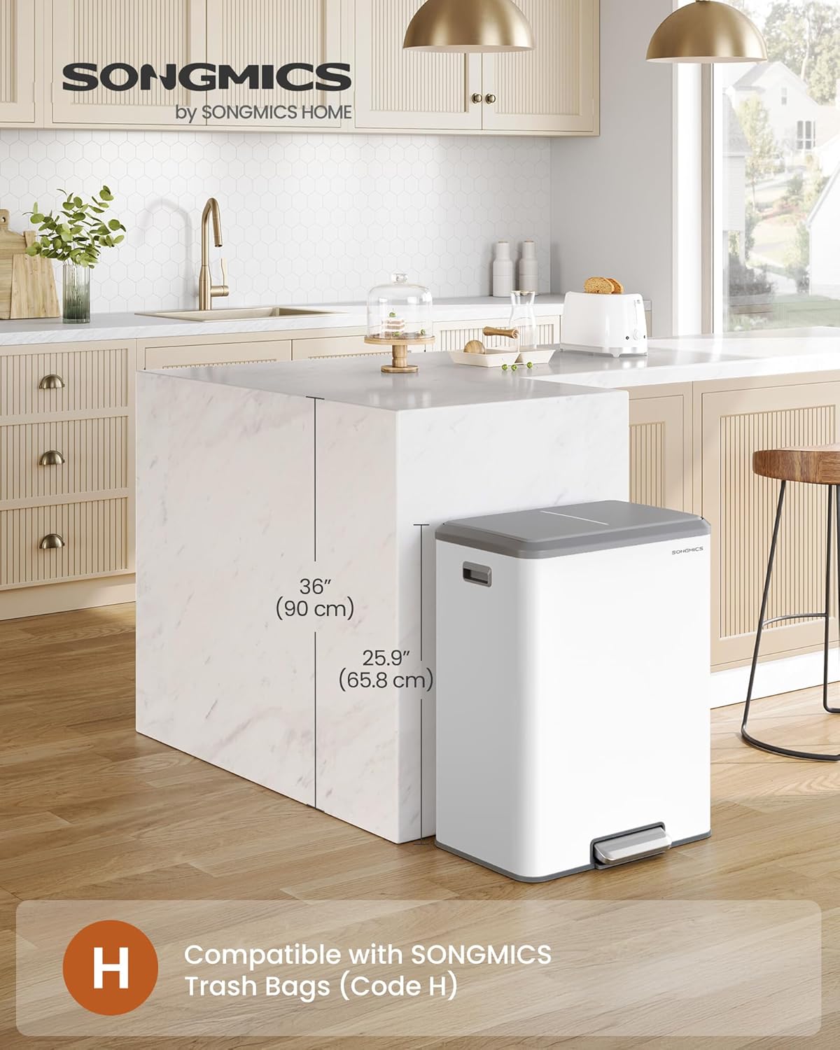 SONGMICS Trash Can, 2 x 8 Gallon (2 x 30 L) Double Garabge Can for Recycling and Waste, Stainless Steel, Soft-Close Lid, Inner Buckets, Wide Sturdy Pedal, Cloud White ULTB556W01