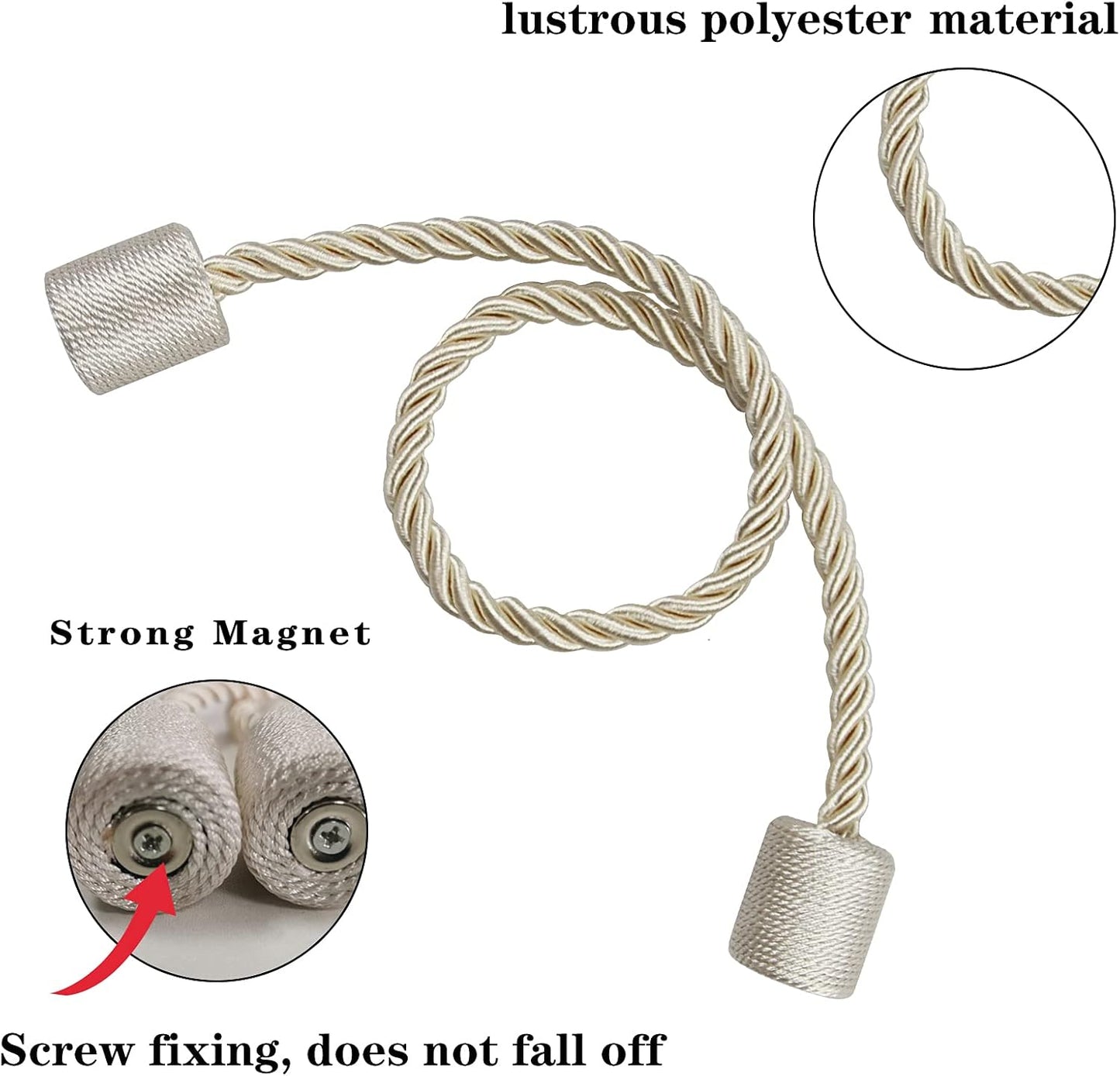 4 Pack Strong Magnetic Curtain Tiebacks Outdoor Elegant Decorative Tie Backs Modern Rope Tiebacks for Drapes Window Curtain Holdbacks for Draperies- Beige