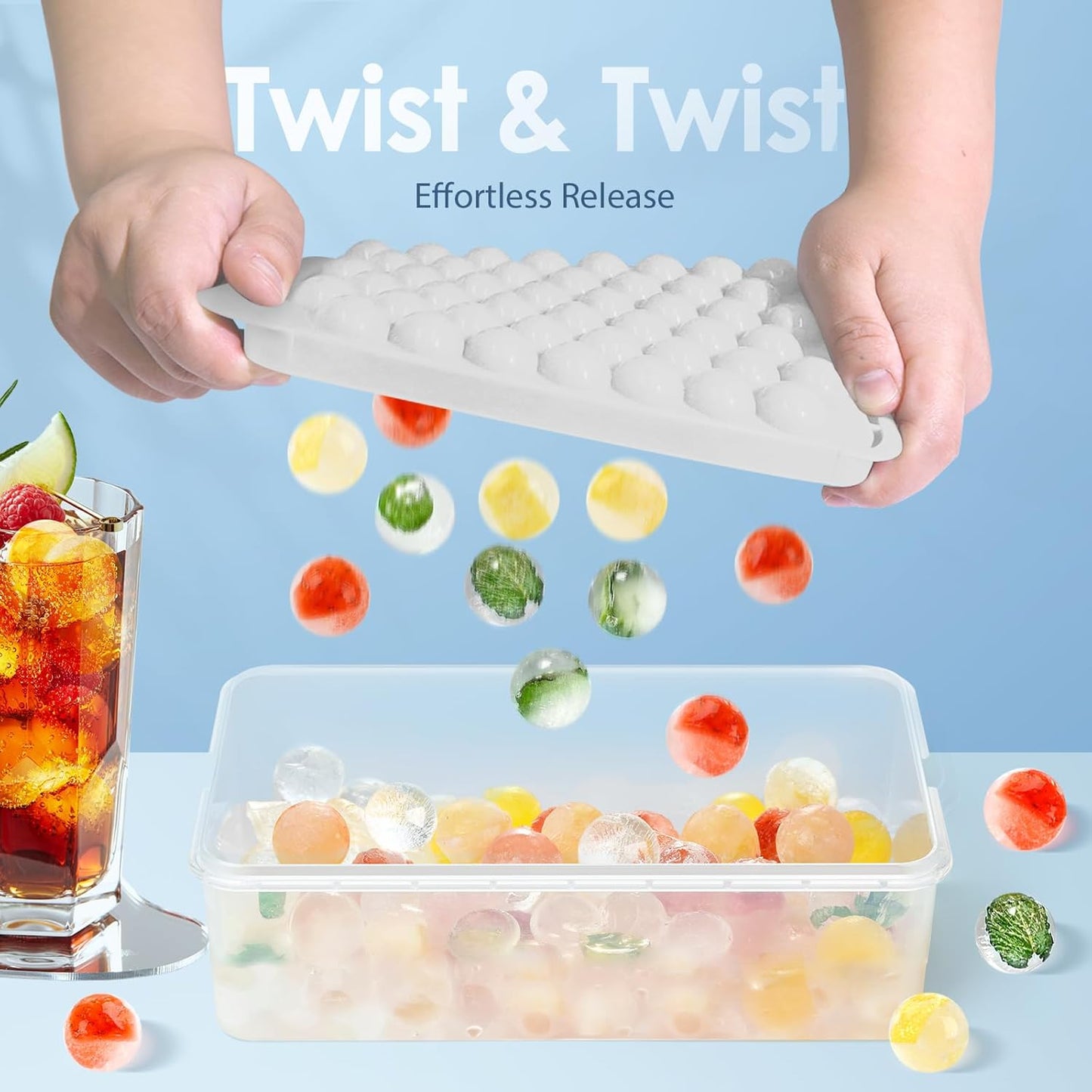 WIBIMEN Ice Cube Tray with Lid and Bin - Round Ice Trays for Freezer with Lid - Ice Cube Trays for Freezer with Ice Container (0.8"-2PACK White)