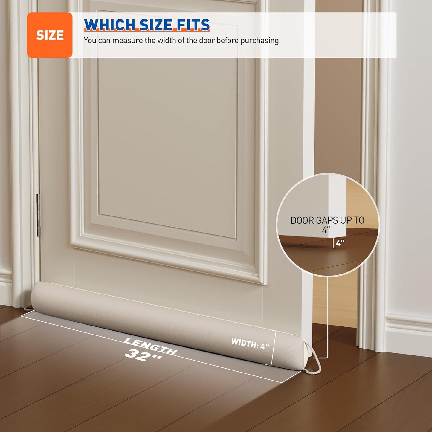 MAGZO Door Draft Stopper 32 Inch-Beige, Sound Proof Door Snake Draft Insulation Stopper with Hook Loops Weighted Blocker