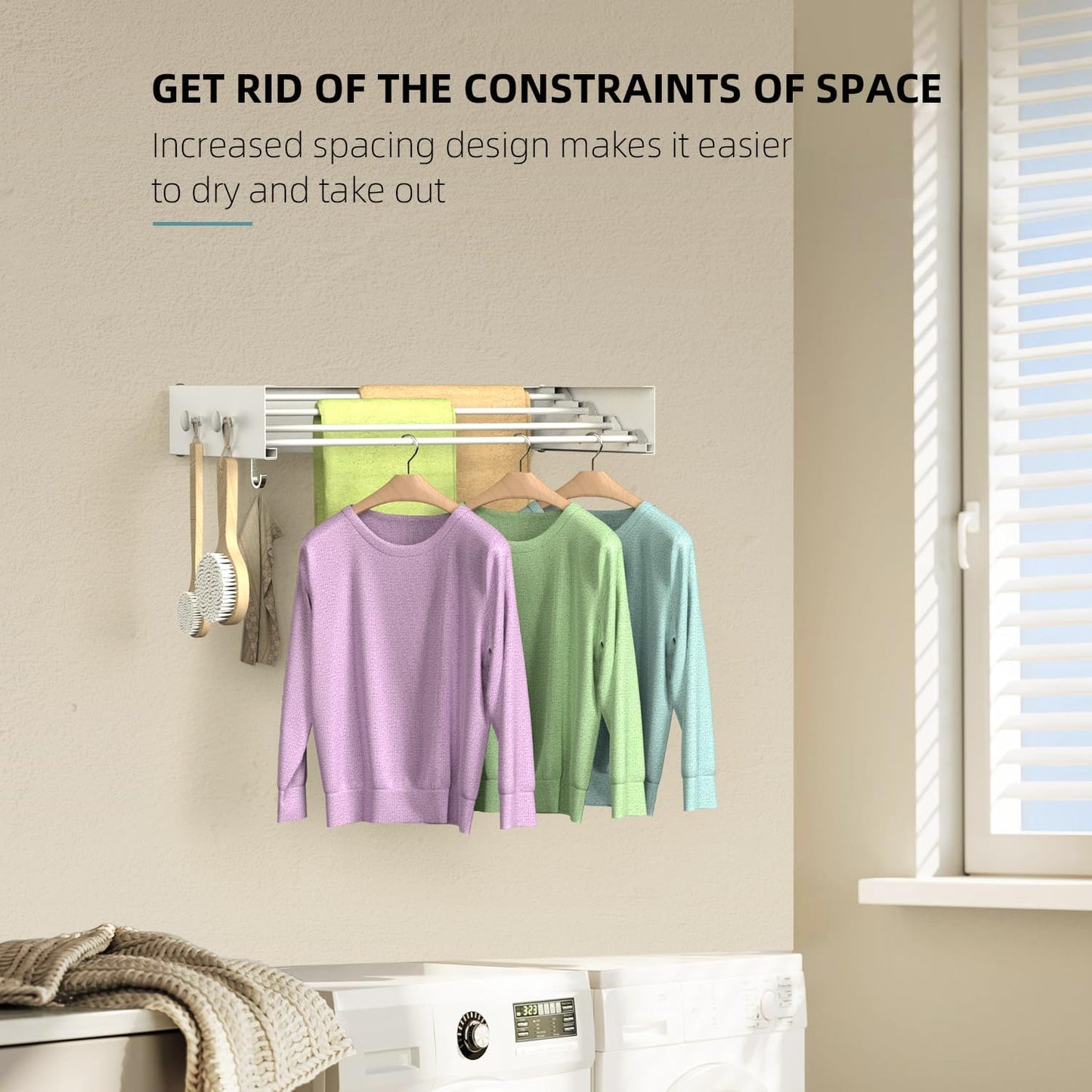 Drying Rack Clothing,Clothes Drying Rack Wall Mounted,Laundry Drying Rack Wall Mount,Foldable,Collapsible,60 lb Capacity 4 Aluminium Poles with 8 Hooks,Space Saving Clothes Drying Rack,White 23.6"