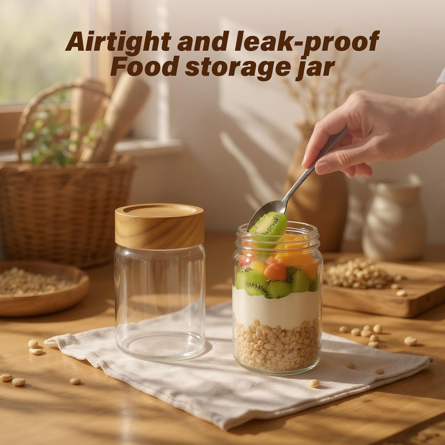 2pc Glass Mason Jars with Acacia Wood Airtight Lids - Overnight Oats & Food Storage Container Set, Clear Stackable Leakproof Kitchen Canisters for Meal Prep/Snack Organization/Spice Storage