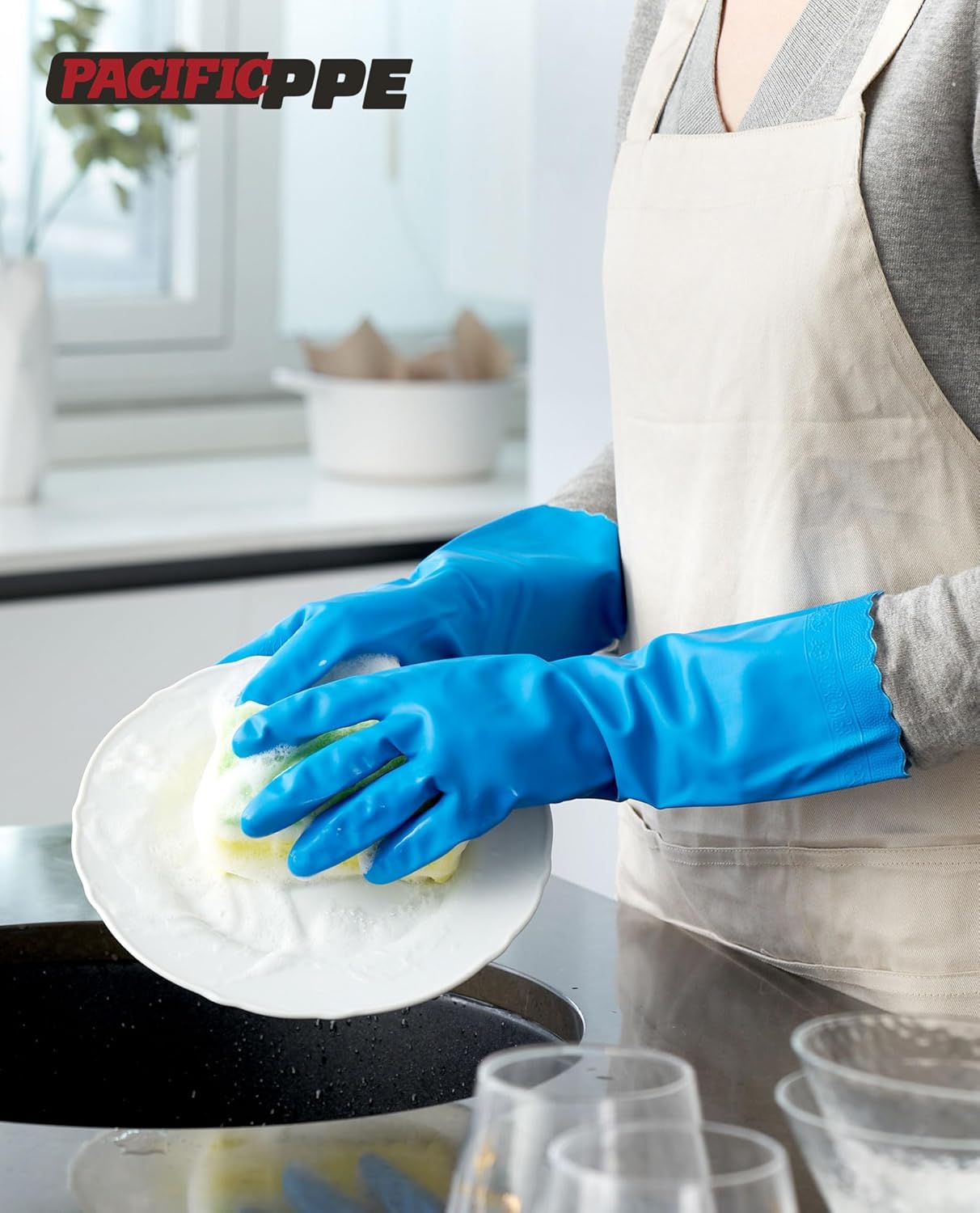 PACIFIC PPE 4 Pairs Reusable Dishwashing Cleaning Gloves, Household, Kitchen, Cotton Liner, Blue, Small