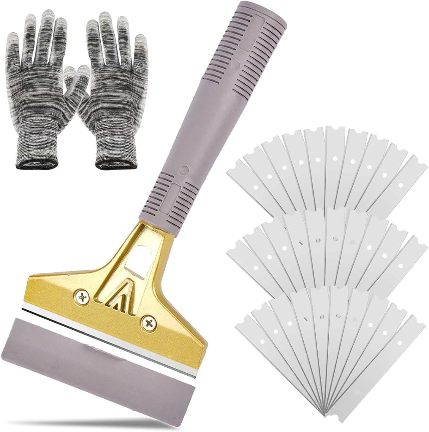 Razor Blade Scraper,Floor Scraper Tool with 30PCS Extra Blades,Paint Scraper Ideal for Cleaning Stove Top,Windows,Glass,Tiles,Wall,Labels.(4 in,Metal)