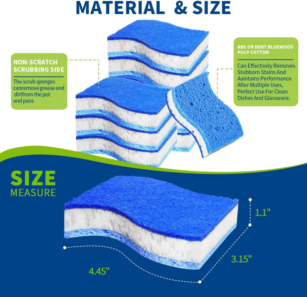 Blue Wood Pulp Sponges 12Pack Non-Scratch Cellulose Scrub Sponge, Dual-Sided Dishwashing Sponge for Kitchen