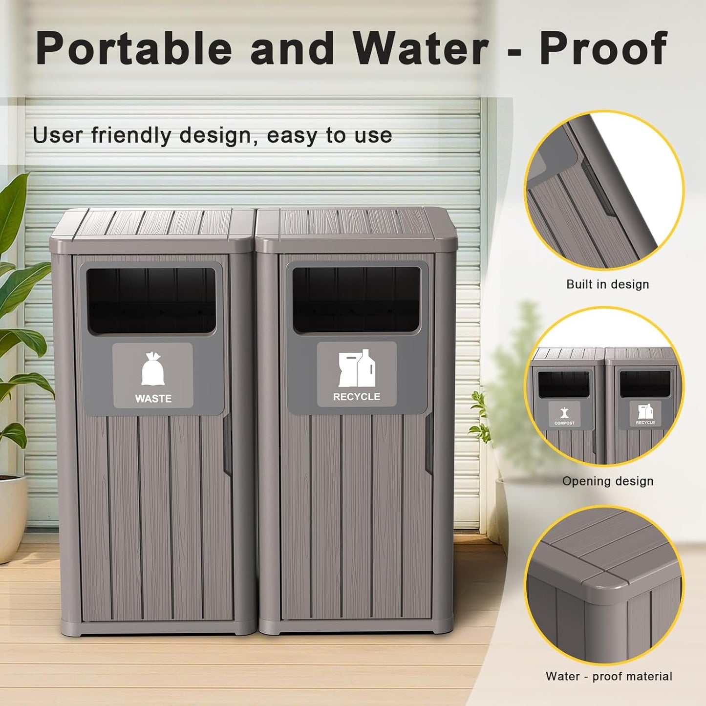 Outdoor Double Barrel Trash Can,Waterproof Resin Garbage Can with Garbage Labels,Durable Waste Bin for Porch, Backyard,Kitchen,for 30 to 39 Gallon Trash Bags