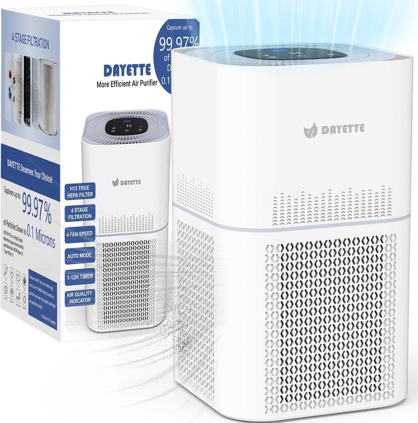Dayette HEPA Air Purifiers for Home Large Room Up to 2200ft², Air Purifiers for Bedroom with Air Quality Sensor, H13 True HEPA Filter Remove 99.97% of Dust, Allergies, Odor, Pets Dander, Smoke, Pollen