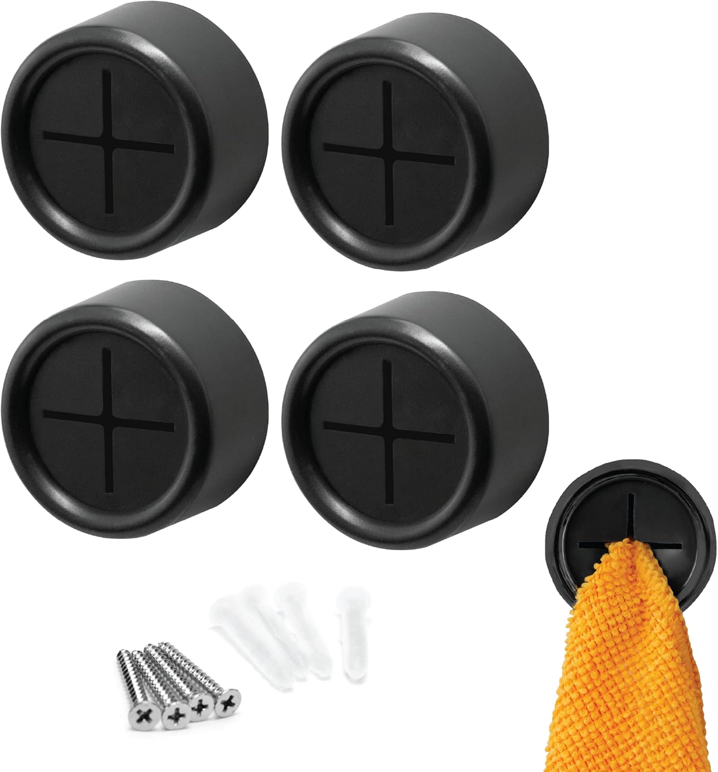 S&T INC. Round Adhesive Push Towel Hooks for Kitchen, Hand and Dish Towels, Matte Black, 4 Pack