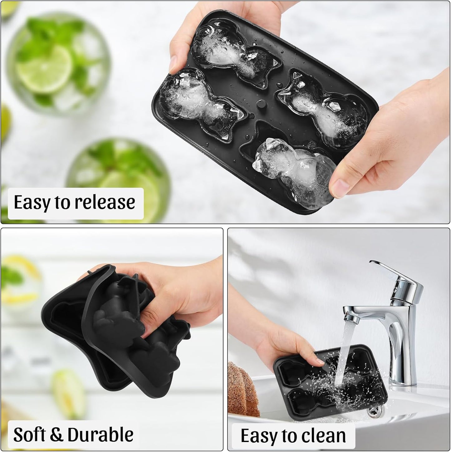 Silicone Ice Cube Tray,Cat 3D Large Ice Cube Molds for Whiskey,Cocktails,Wine,Juice and Bourbon,4 Big Cute Animal Ice Trays for Freezer with Lid Easy-Release BPA Free(Cat)