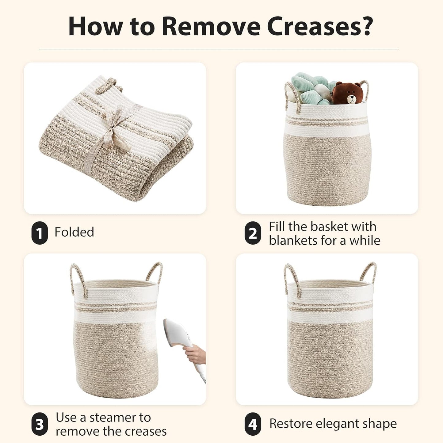 Fiona's magic 72L Large Woven Laundry Hamper, Tall Cotton Rope Storage Basket, Jute Baby Nursery Hamper for Blankets, Toys and Clothes in Bedroom and Living Room Organizing, Brown & White