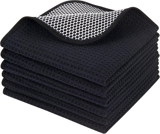 KinHwa Kitchen Washcloths for Dishes Absorbent Microfiber Dish Cloths Quick Dry Dish Rags with Poly Scour Scrub Side Ideal for Kitchen Cleaning (Black-B, 12inchx12inch 6 Pack)