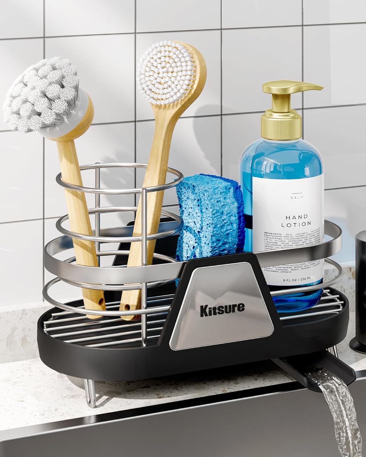 Kitsure Sponge Holder for Kitchen Sink - Space-Saving Kitchen Sink Caddy, Rustproof Metal Sink Organizer with Removable Brush Holder, 7.9"×3.9"×5.3", Black