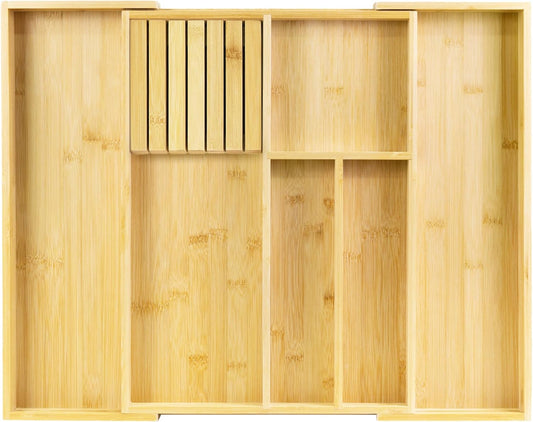 VaeFae Bamboo Kitchen Drawer Organizer, Wooden Utensil Tray with Multiple Compartments, Cutlery and Silverware Storage