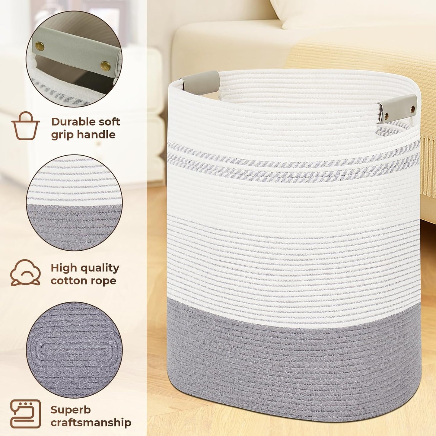 Laundry Basket with Handles - Blanket Basket & Hampers for Bedroom Aesthetic, Laundry Hamper & Blanket Storage for Living Room, Clothes Hamper, Tall, Large 17" x 14" x 22”, Grey