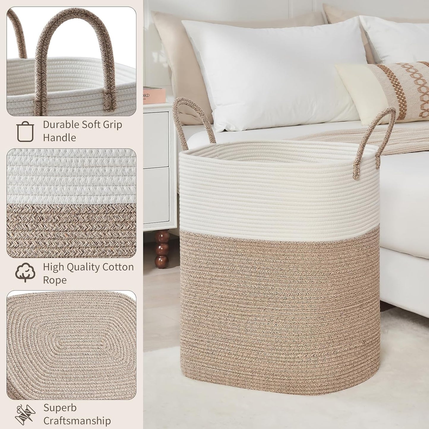 Laundry Basket with Handles - Blanket Basket & Hampers for Bedroom Aesthetic, Laundry Hamper & Blanket Storage for Living Room, Clothes Hamper, Tall, Large 17" x 14" x 26”, White & Rice Brown