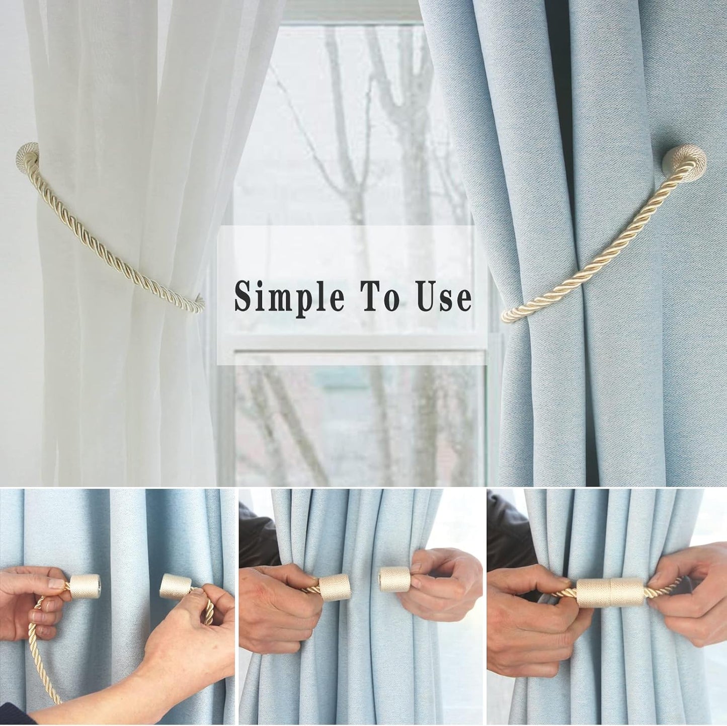 Magnetic Curtain Tiebacks 4 Pack Beige Curtain Rope Tieback Curtain Holders for Drapes Modern Tie Backs Decorative Curtain Holdbacks