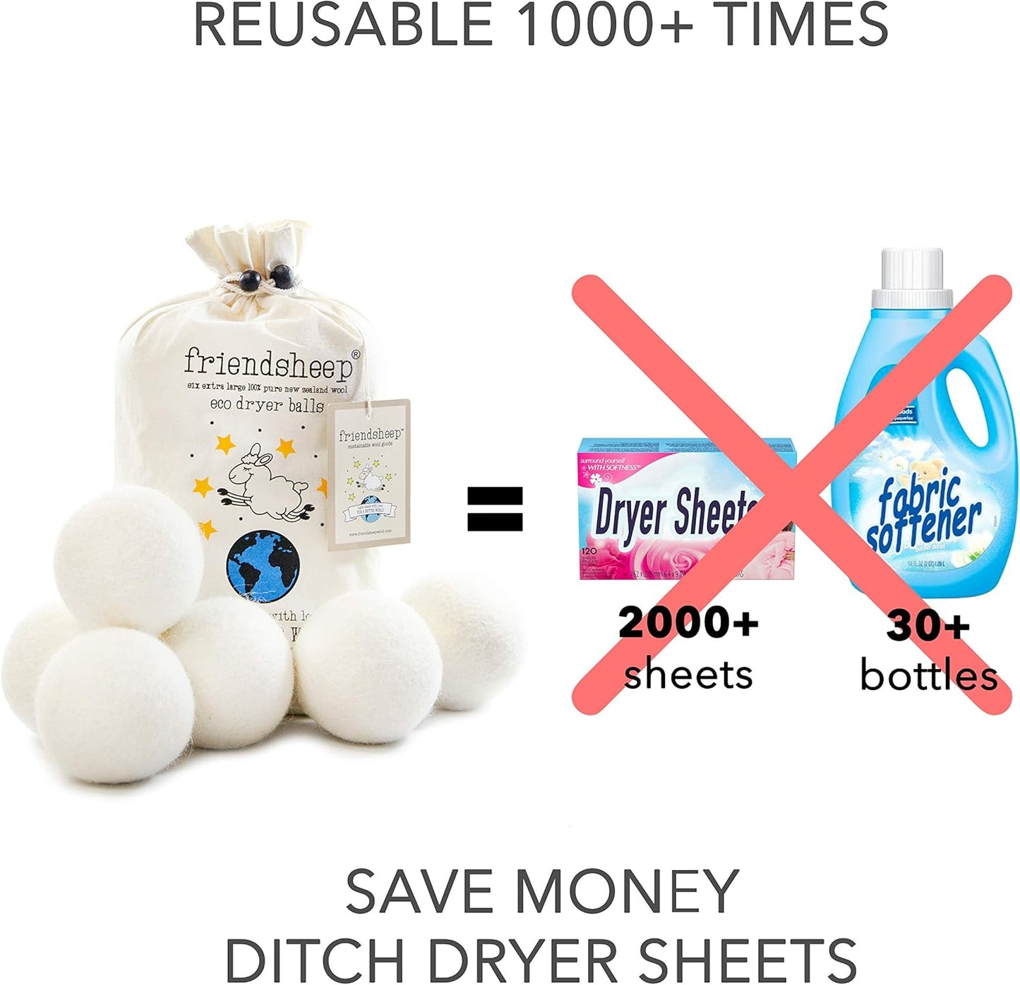 Wool Dryer Balls by Friendsheep 6 Pack XL Organic Premium Reusable Cruelty Free Handmade Fair Trade No Lint Fabric Softener White - "Creamy White"