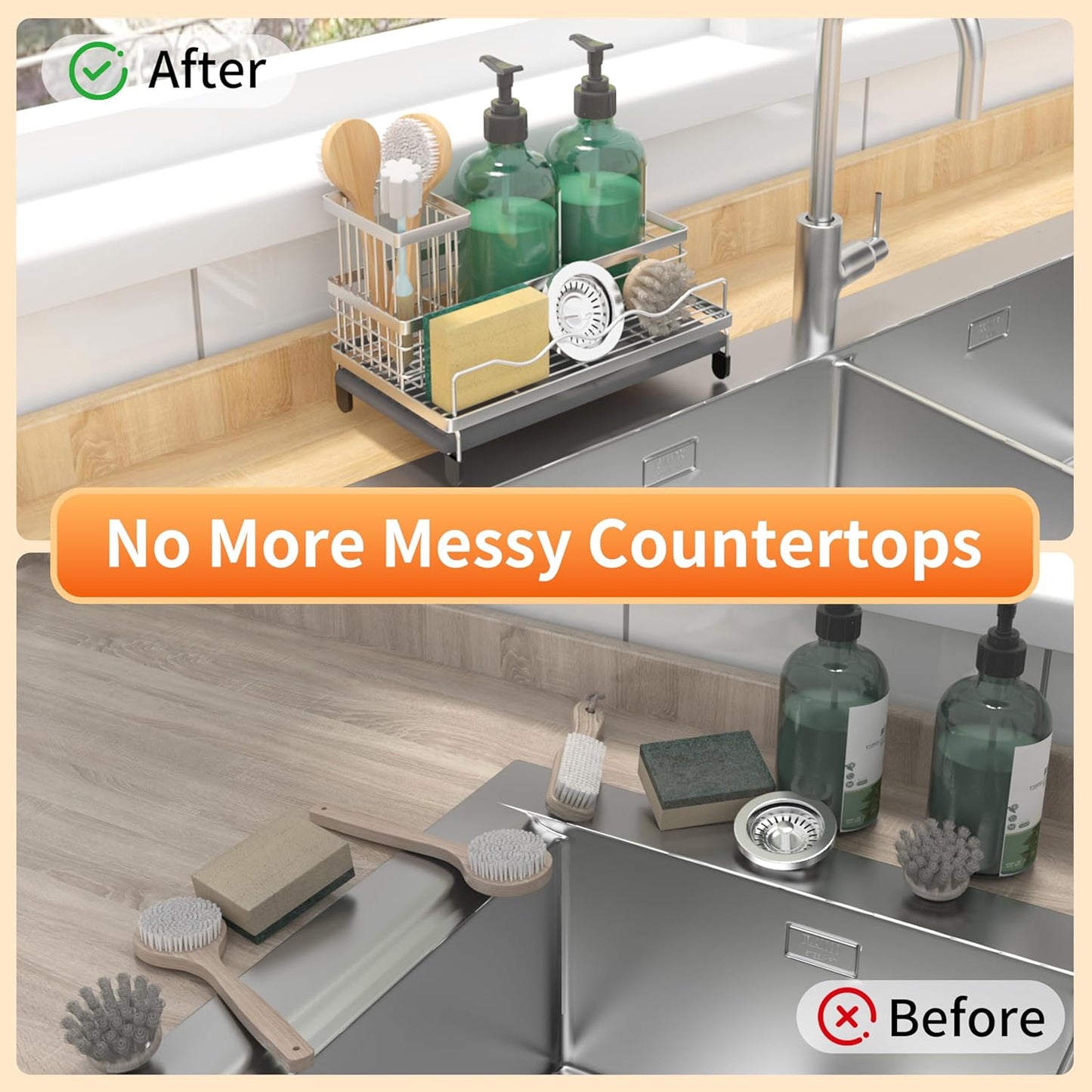 Sink Caddy, Kitchen Sink Organizer with Sponge Holder and Stone Drying Mat, Quick Drying, Stainless Steel Kitchen Caddy Organizer for Sponges, Brushes & Soap