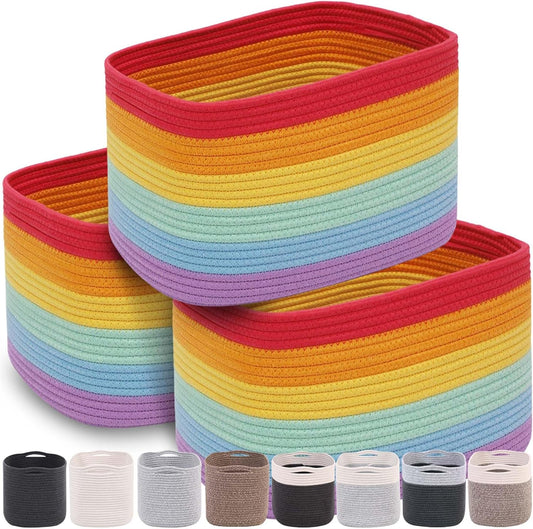 CHAT BLANC Rainbow Cotton Rope Baskets for Organizing | Storage Baskets for Shelves | Rainbow Rope Basket for Storage, Small Laundry Baskets, Woven Baskets for Storage, Dog Toy Bin, Baby Basket, 3Pack