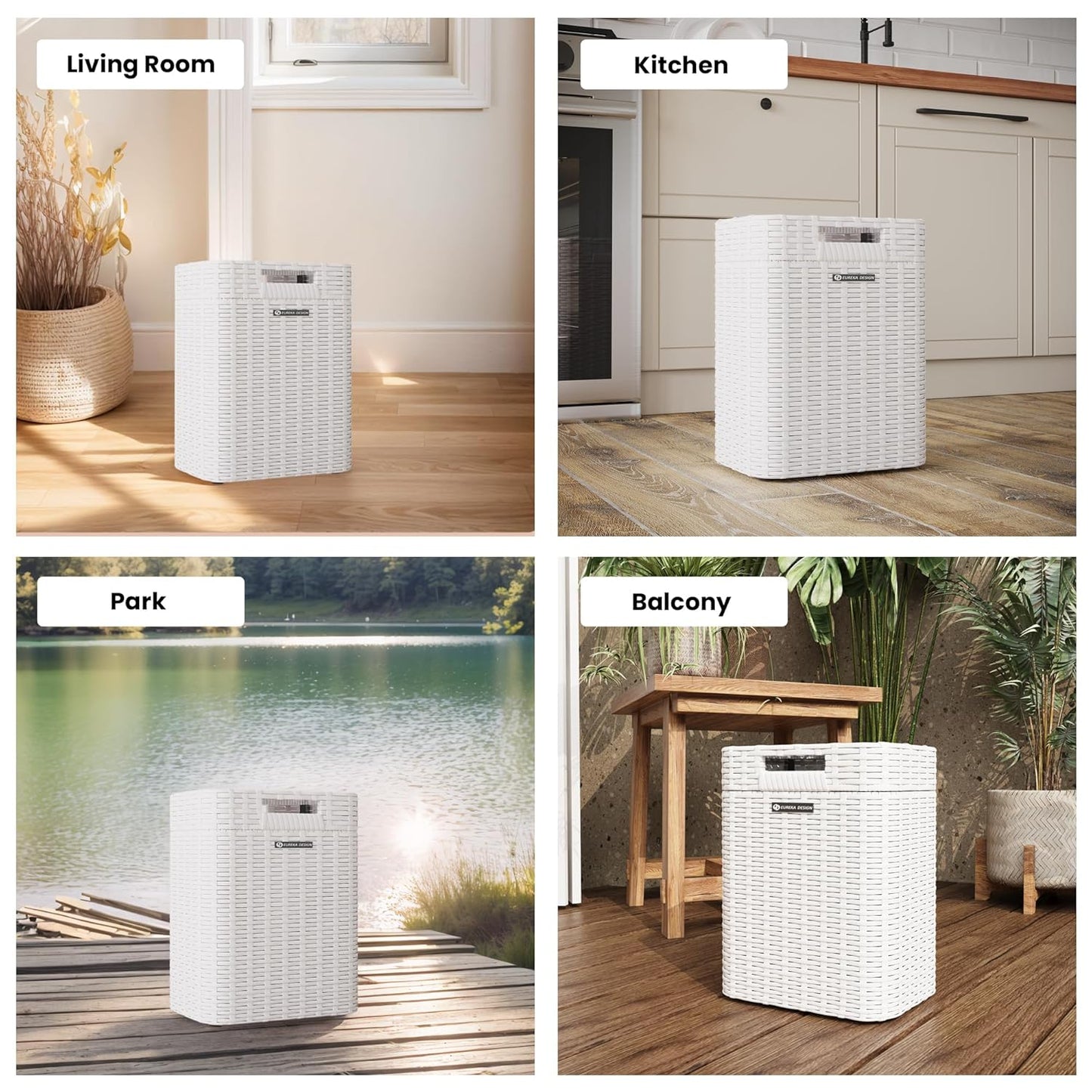 Ypati Handwoven 4 Gallon Rattan Trash Can with Lid, Boho Style Decorative Indoor and Outdoor Trash Bin with Shelf, Waste Basket for Bathroom, Patio, Study, with Trash Bags, Porcelain White, Eureka