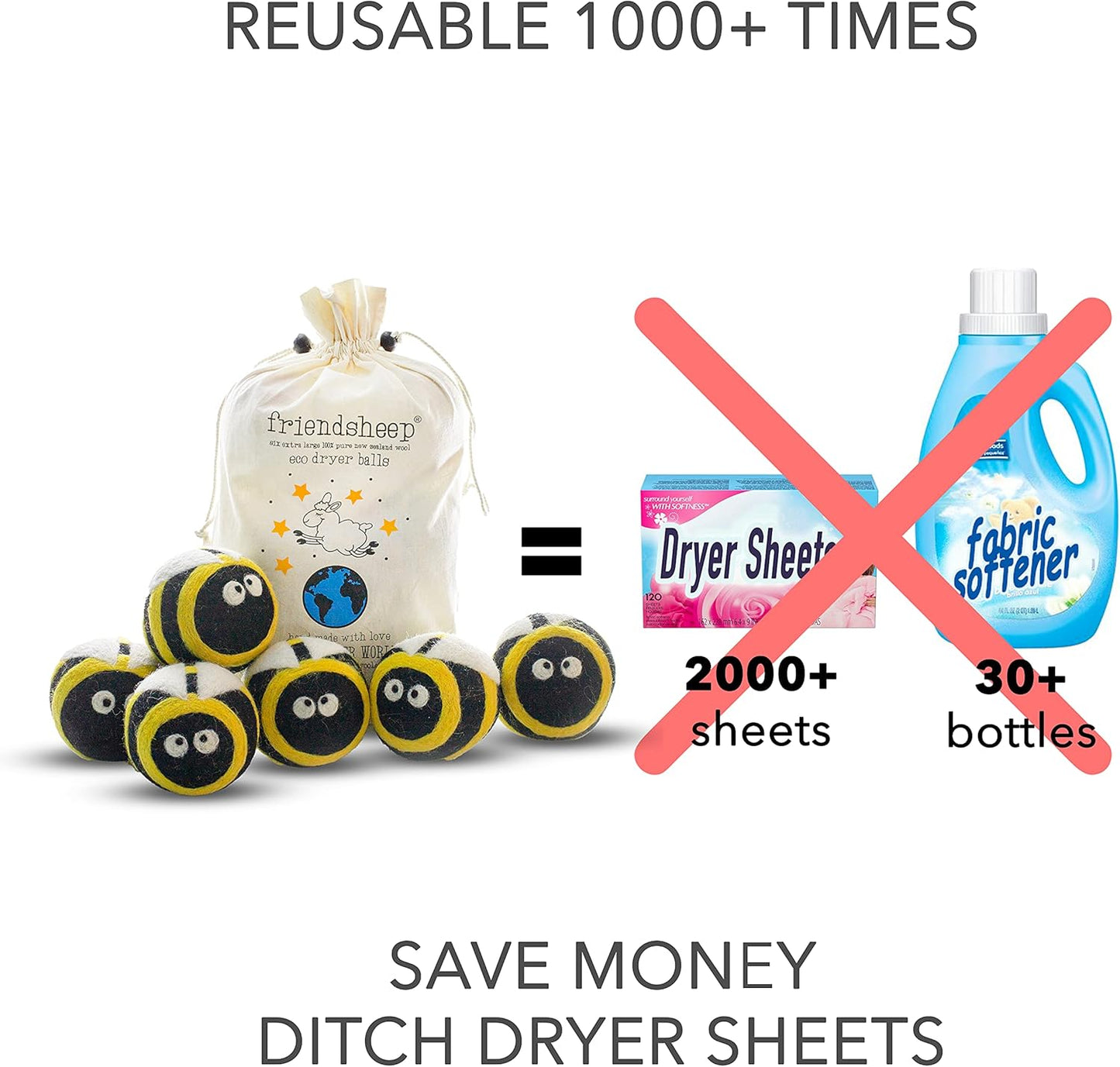 Friendsheep Wool Dryer Balls 6 Pack XL Organic Premium Reusable Cruelty Free Handmade Fair Trade No Lint Fabric Softener Honey Bee Bumblebee - Busy Bees