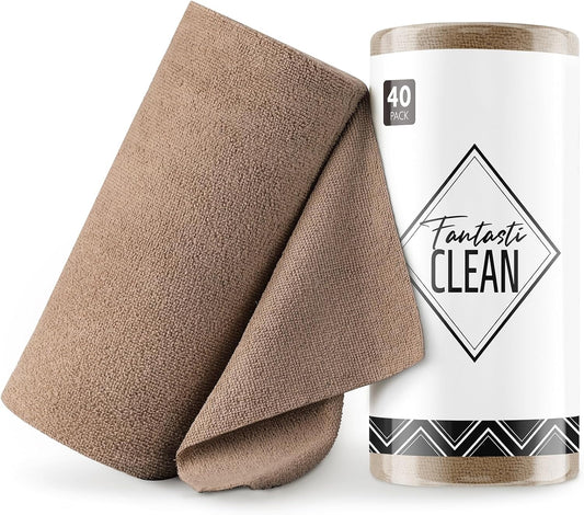 Fantasticlean Microfiber Cleaning Cloth Roll -40 Pack, Tear Away Microfiber Towels, 12" x 12", Reusable, Washable, Scratch Free, Ultra Absorbent for Car, Home Supplies, Shop (TAN)