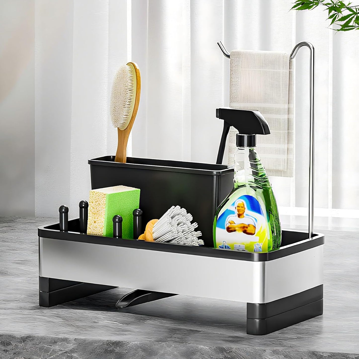 Stainless Steel Sink Caddy, Sponge Holder for Kitchen Sink with Brush Holder & Dishcloth Rack, Rustproof Sink Organizer Countertop, Kitchen Organizers Storage Essentials (D-Black)