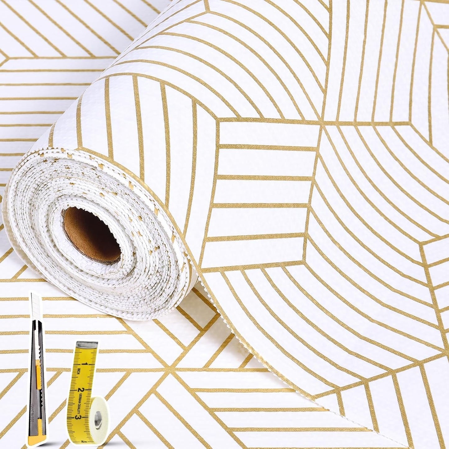 Shelf Liners for Kitchen Cabinets Non Adhesive Shelf Liner Paper Non-Slip Thickened Drawer Liner Easy to Clean for Tool Box Refrigerator with Knife and Tape Measure, Gold Geometric, 23.6 x 236.2 in