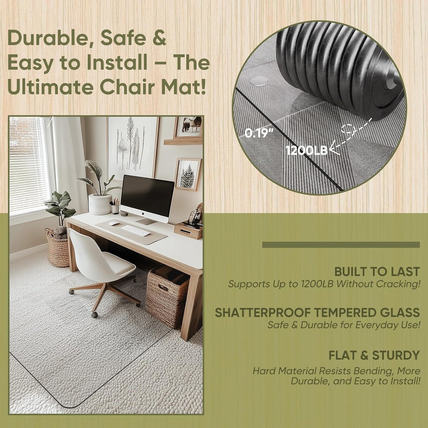 Office Chair Mat for Carpet & Hardwood, Upgraded 36" x 48" Dual Use Tempered Glass Chair Mat for Chair and Footrest Under Desk