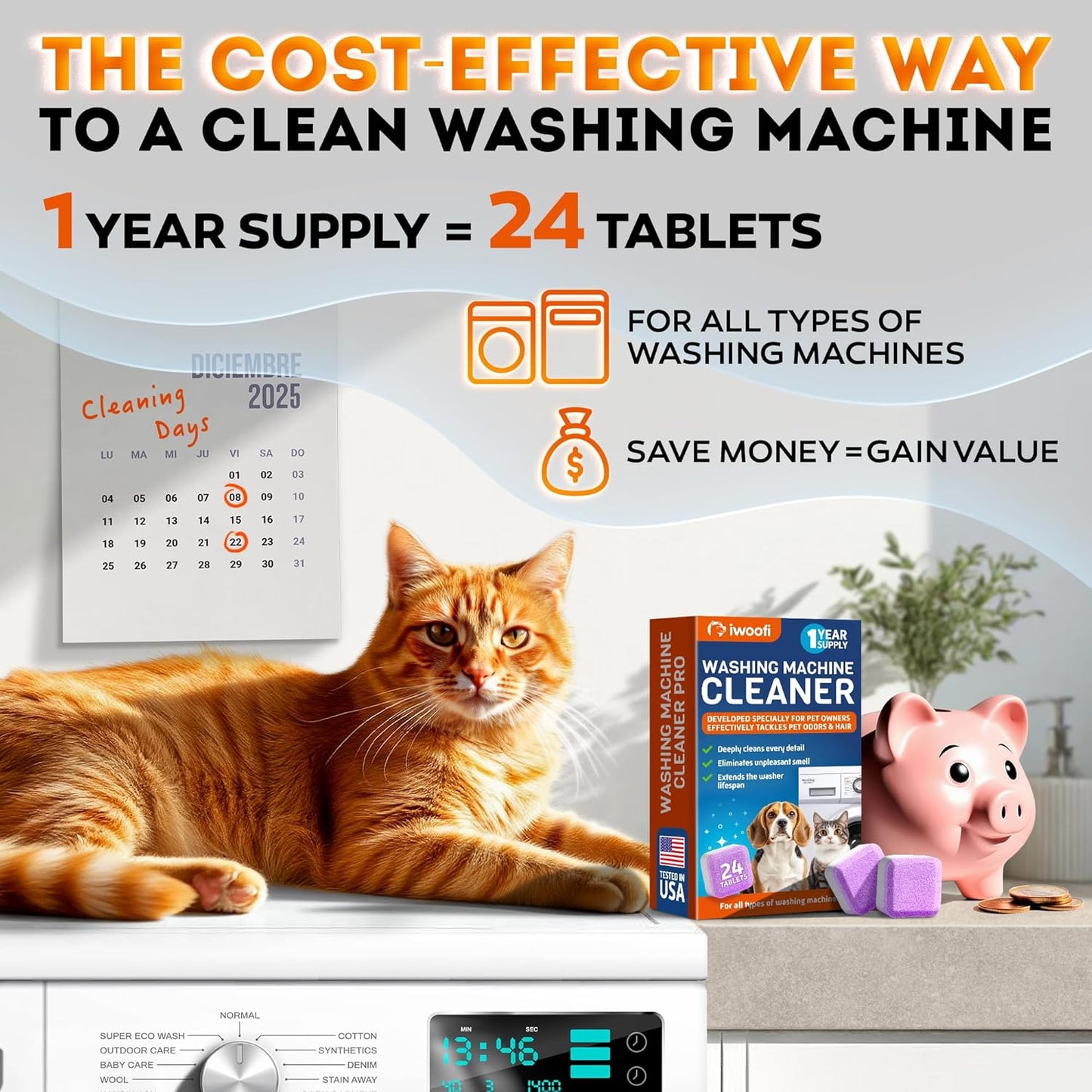 Washing Machine Cleaner Tablets for Pet Owners -Easily Removes Residue Grime Pets Odors and Hard Water Buildup–Formulated for Pet Owners - 24 Pack