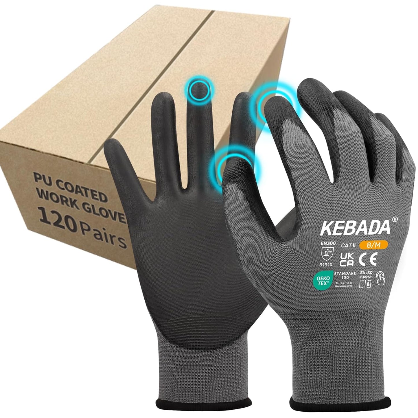 Kebada Safety Work Gloves,120 Pairs Bulk Pack, Touchscreen, PU Coated, Ideal for Warehouse, Construction, Gardening and Mechanics, Grey, X-Small