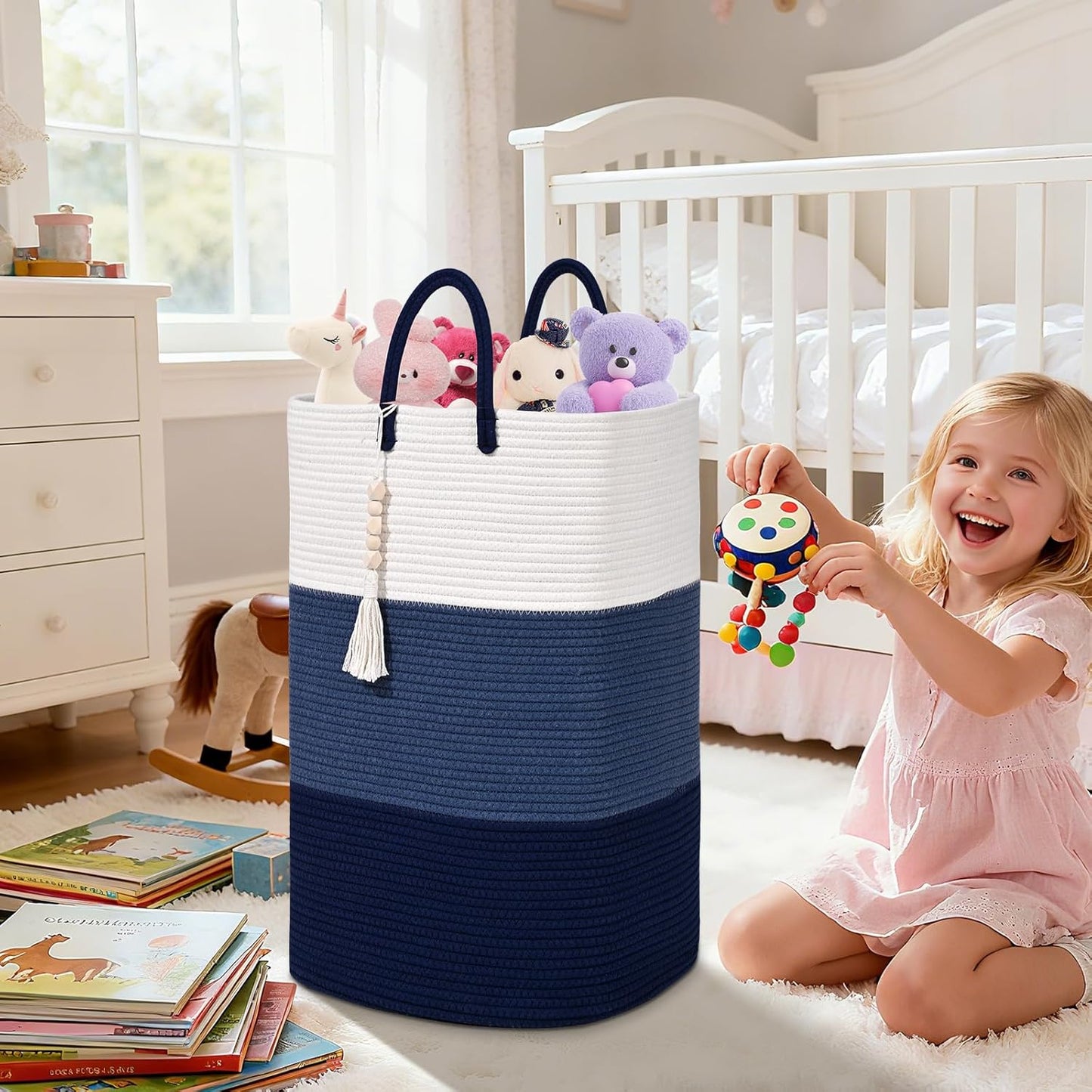 Woven Laundry Basket for Clothes,100 L Large Rectangle Laundry Hampers with Beads Tassel, Nursery Storage Basket for Toys, Tall Dirty Clothes Hamper for Bedroom Aesthetic, Laundry Room Organization