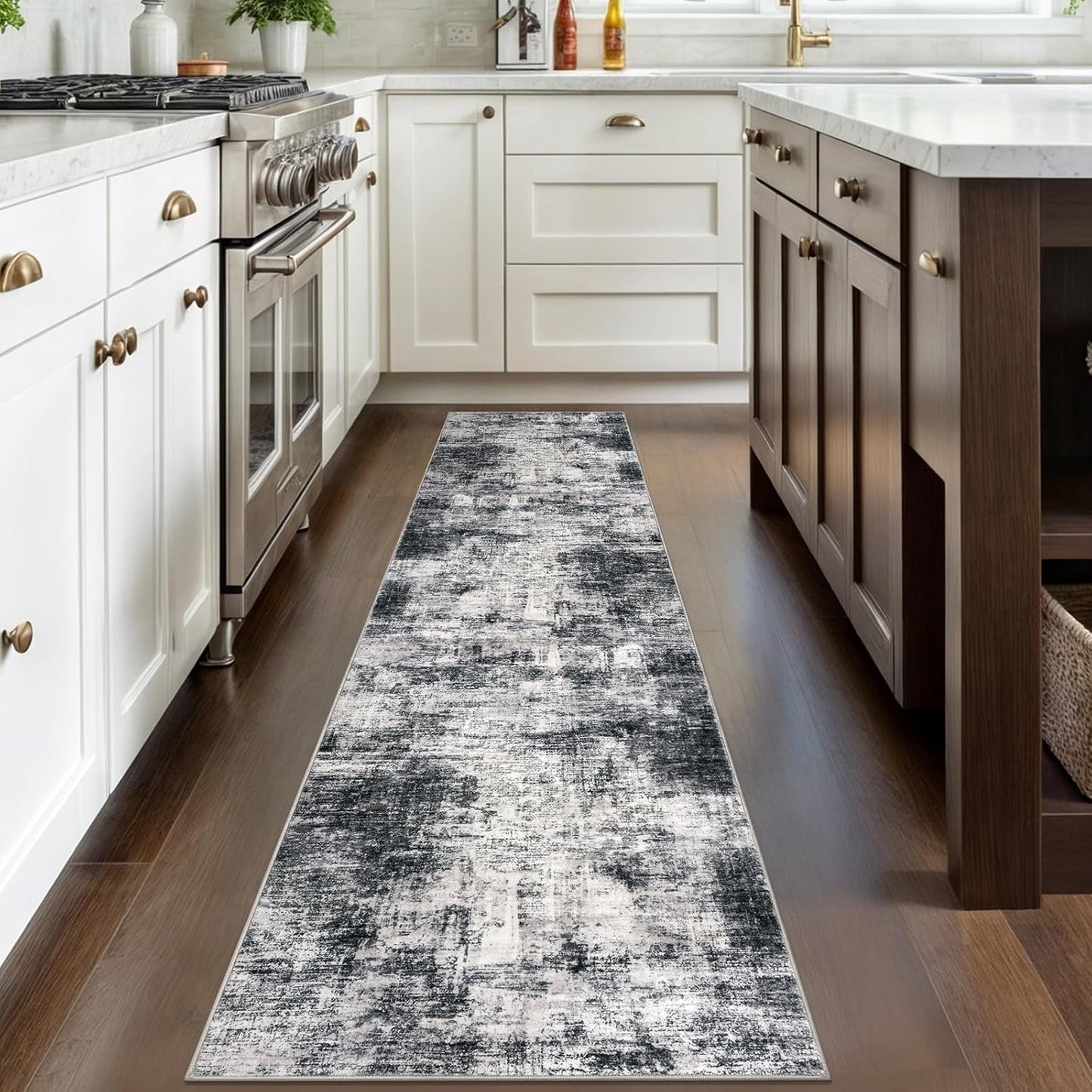 IOHOUZE Abstract Runner Rug 2x8 Ft Washable Runners for Hallways, Non Slip Kitchen Runner Printed Faux Wool Entryway Runner Indoor, Modern Abstract Floor Carpet for Hall Kitchen Bedroom, Black Gey