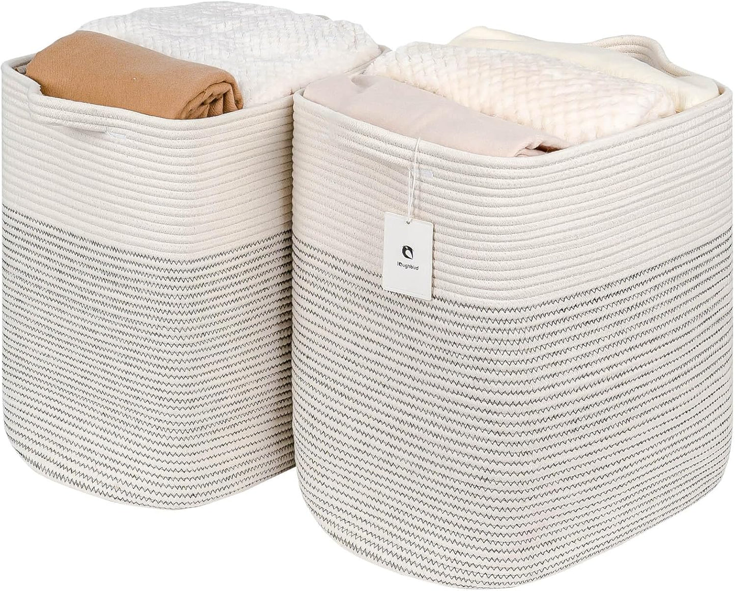 Storage Baskets for Clothes Fabric Cotton Rope Storage Basket bins with Handles, Decorative Woven Basket for Living Room,Closet Organizer Blankets Tall 2 bags White/Black Line, L14×W11×H14