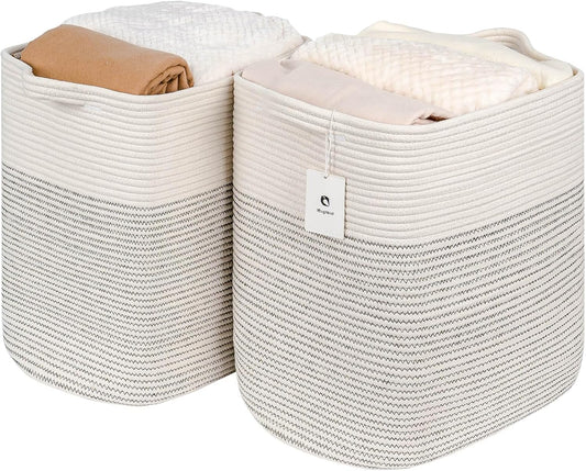 Storage Baskets for Clothes Fabric Cotton Rope Storage Basket bins with Handles, Decorative Woven Basket for Living Room,Closet Organizer Blankets Tall 2 bags White/Black Line, L14×W11×H14