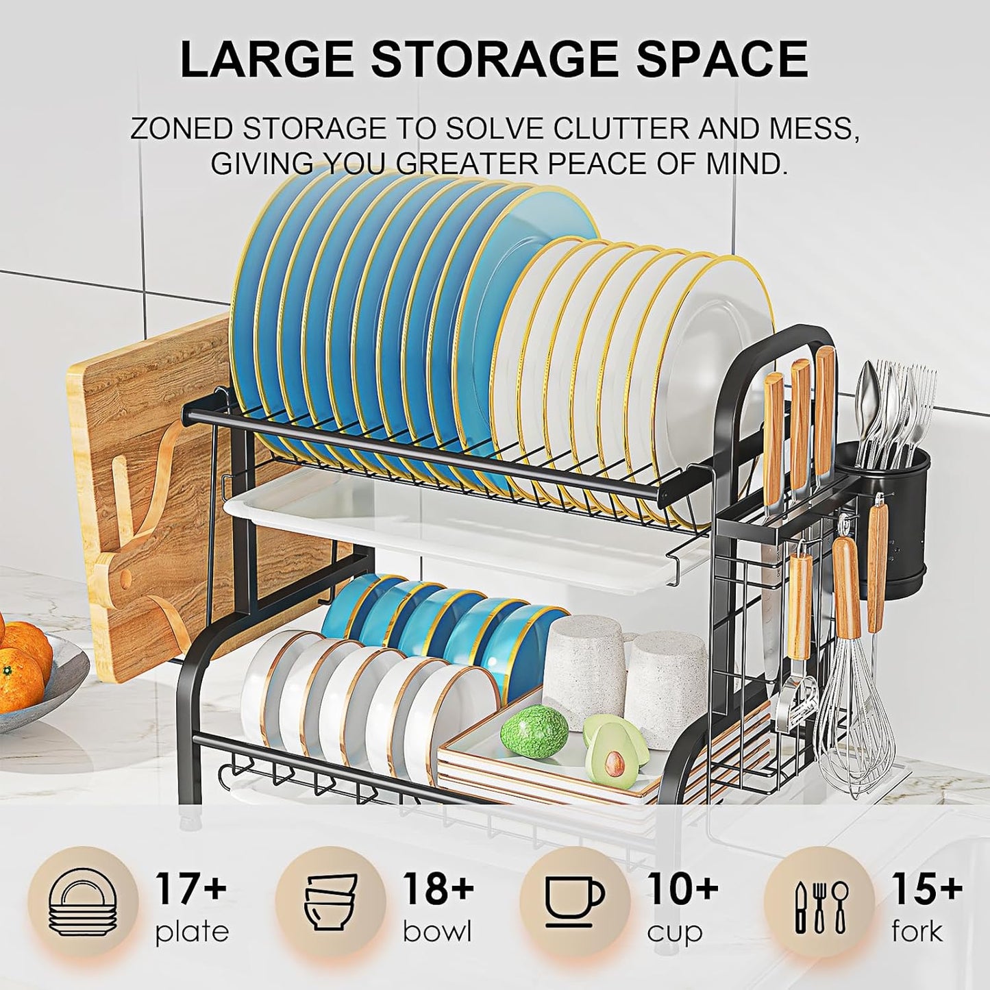 LEGUANG 2-Tier Stainless Steel Dish Drying Rack, Space-Saving Kitchen Organizer for in/Over Sink/Counter, with Removable Drain Tray & Cutlery Holder & Utensil Holder, Black