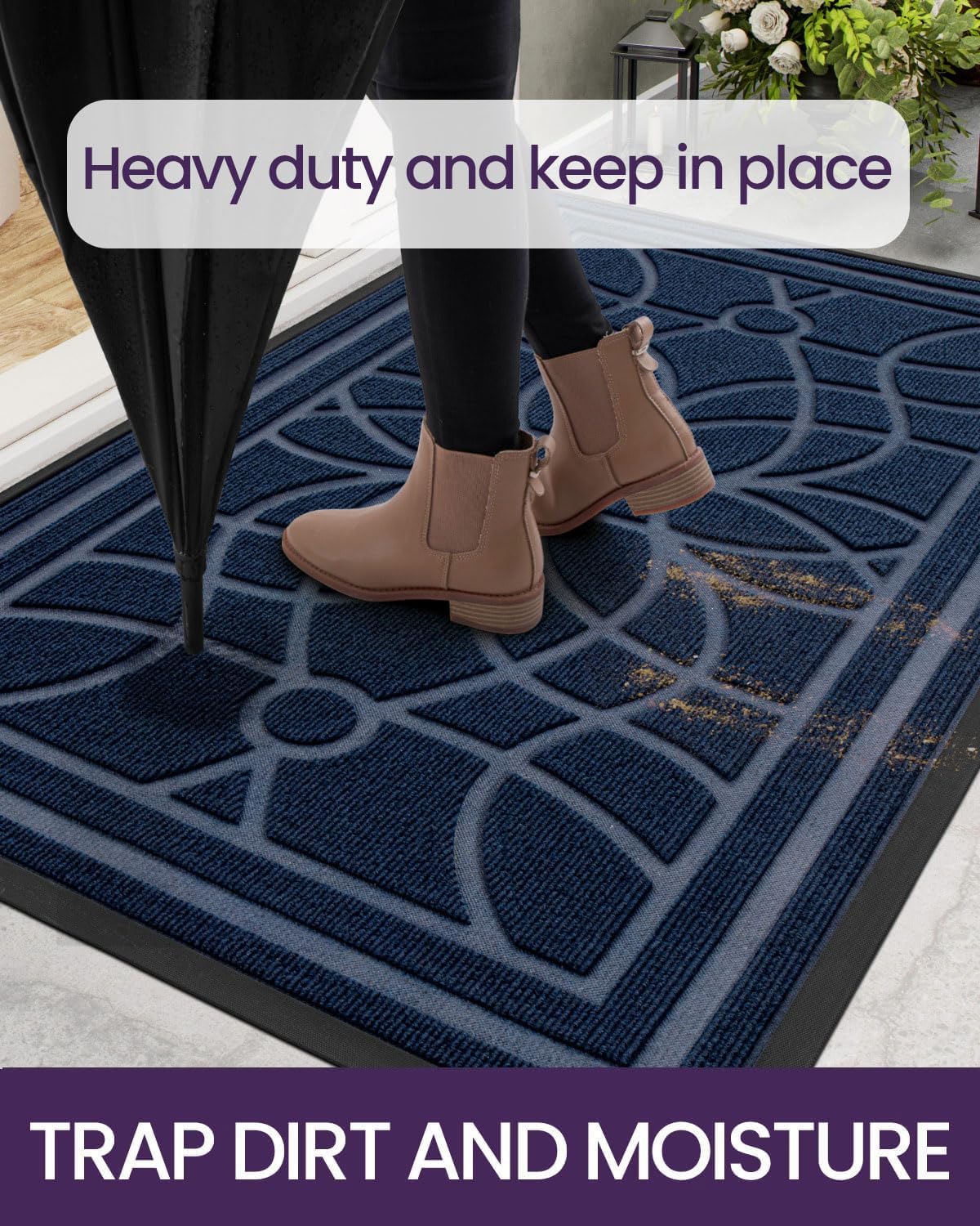 DEXI Front Door Mat Outside Entrance, Heavy Duty Non Slip Low Profile Doormat for Entryway, Trap Dirt and Moisture Welcome Mats, Easy Clean, Patio, Garage, 6x4, Blue