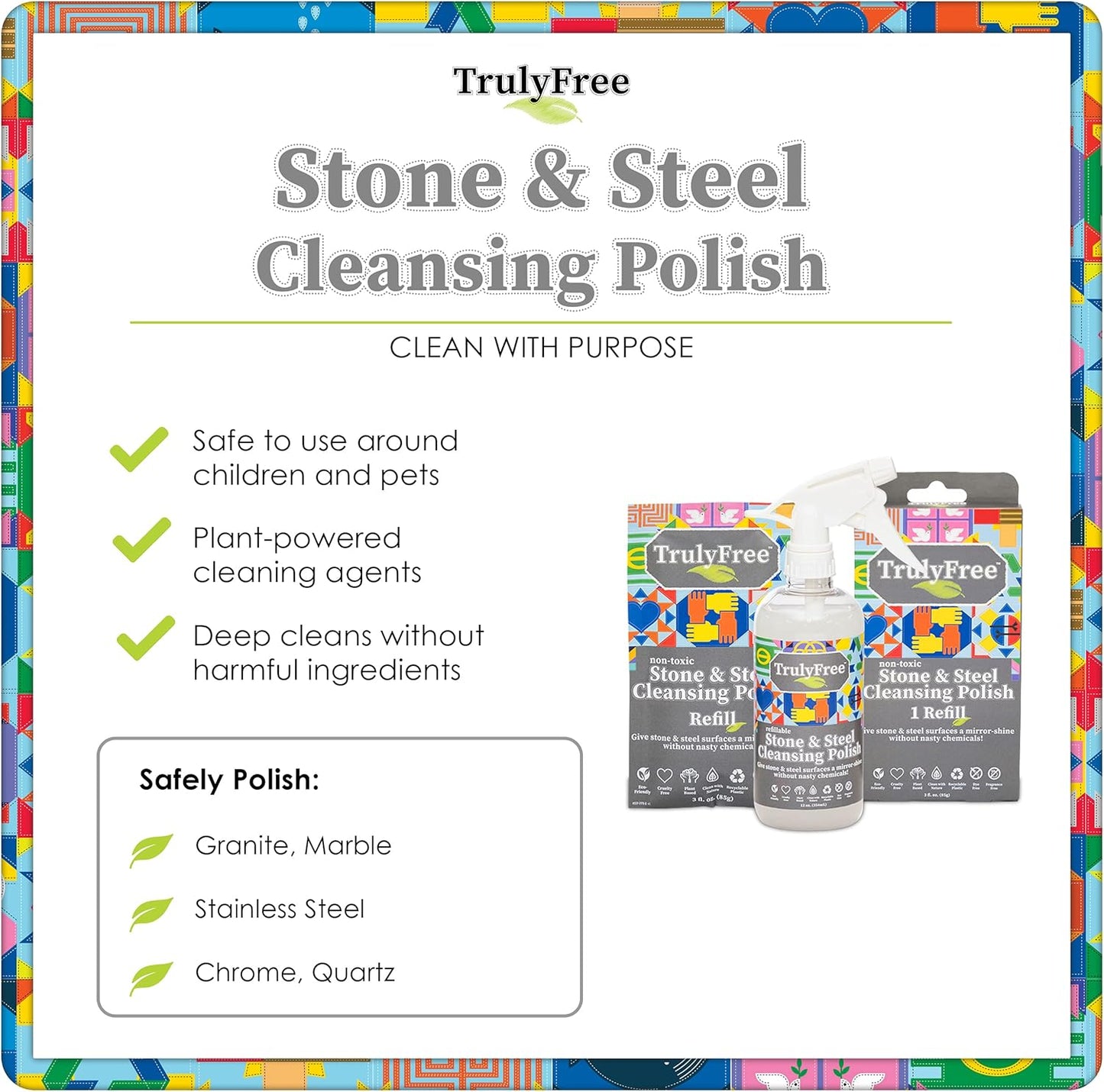 Truly Free Stone & Steel Cleansing Polish Starter Kit - Quartz, Marble, Granite, Stone Countertop, Oven, Stainless Steel Cleaner - 16oz Spray Bottle, 2 Refills (4oz) No Harmful Ingredients