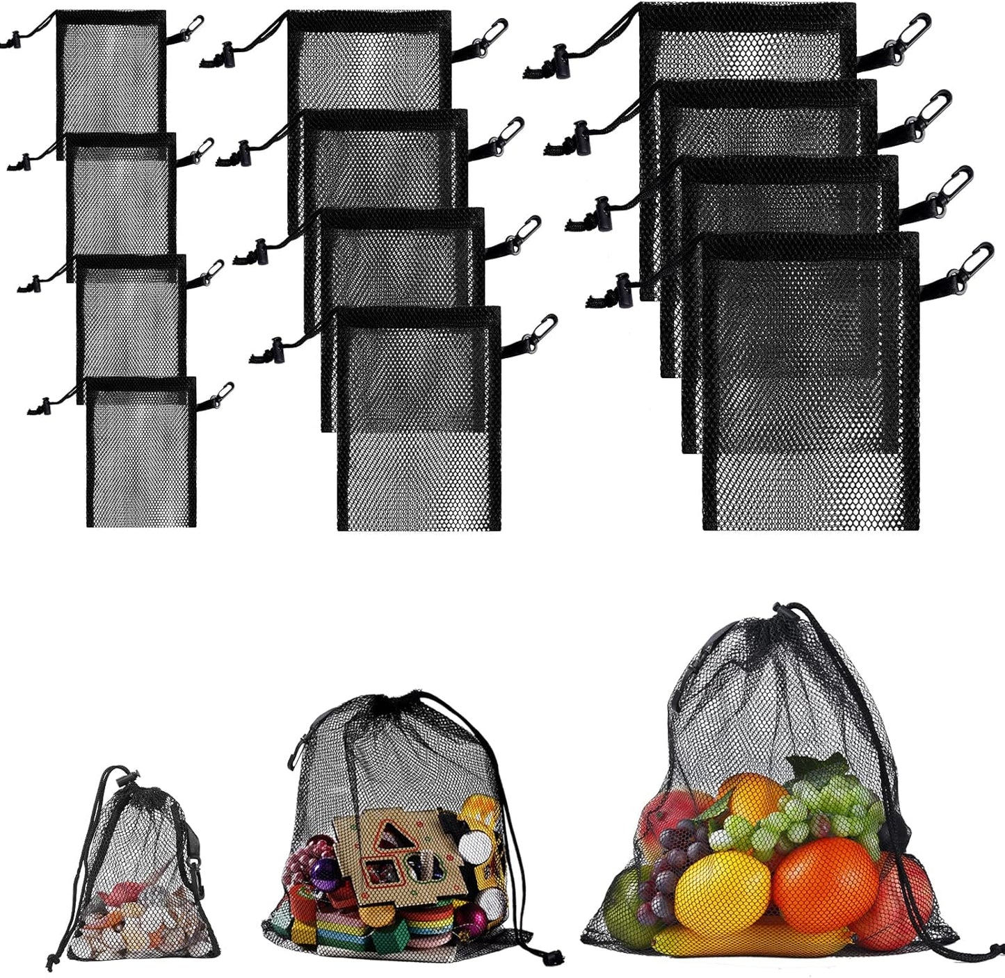 iMucci 12 Pieces Black Mesh Drawstring Bag with Clips, Nylon Drawstring Bags Pocket Foldable Beach Bag with Cord Lock for Swimming Collecting Toys Laundry Sports Gym Beach Travel