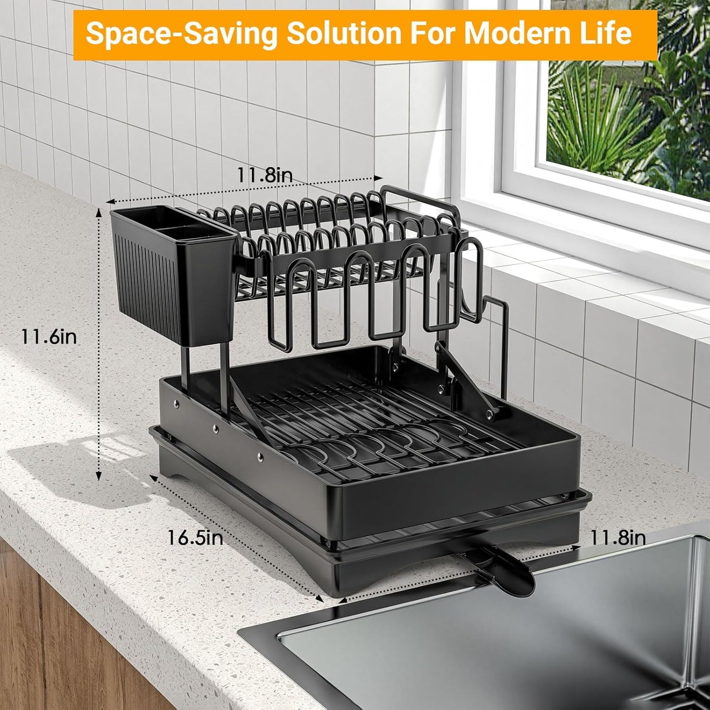 Extendable Dish Racks 16.3"-21.6" L x 16.7" W,Stainless Steel Dish Drying Rack for Kitchien Counter, Anti-Rust Dish Strainer with Cutlery Holder