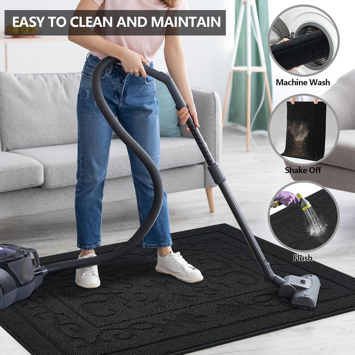 FONEYI Indoor Door Mat 20" x 32", Dirt Trapper Door Mats Non-Slip Entryway Rugs Washable, Absorbent Resist Dirt Welcome Mat, Low Profile Inside Floor Mats for Front Back Door and Entryway, Black