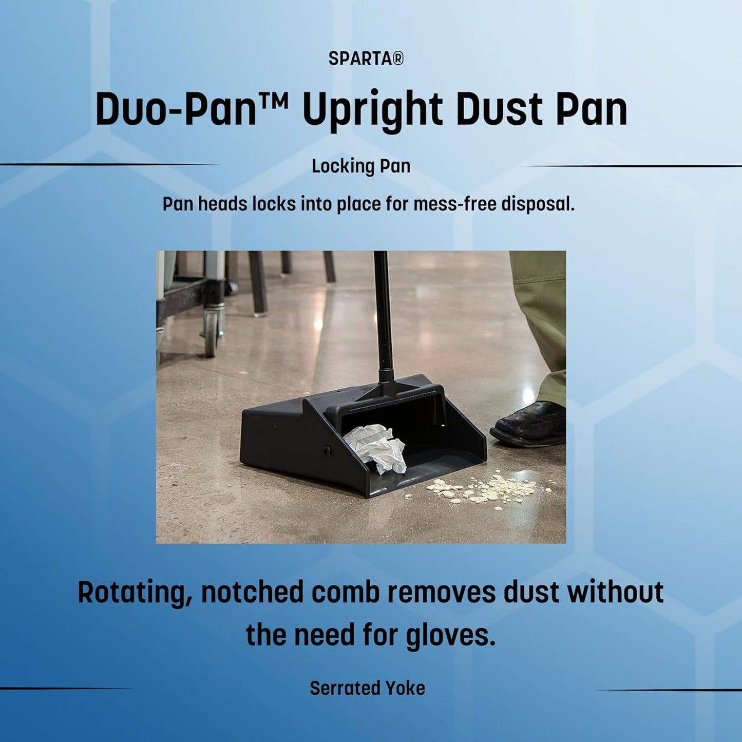Carlisle FoodService Products Duo-Pan Upright Dust Pan with Serrated Yoke for Home, Restaurants, Kitchen, Lobby, And Office, Plastic, 30 Inches, Black